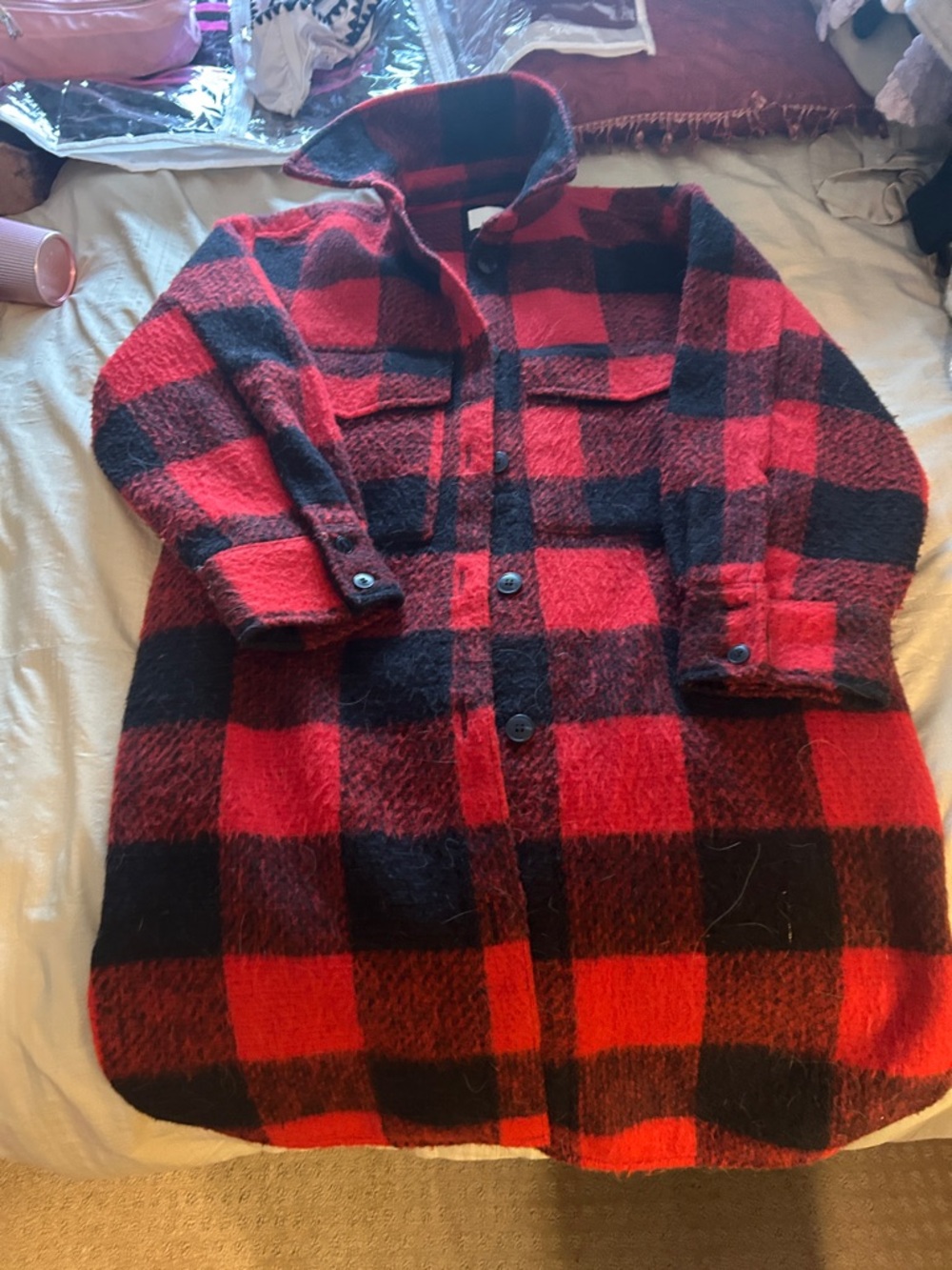H&M Red and Black Buffalo Check Wool-Blend Coat